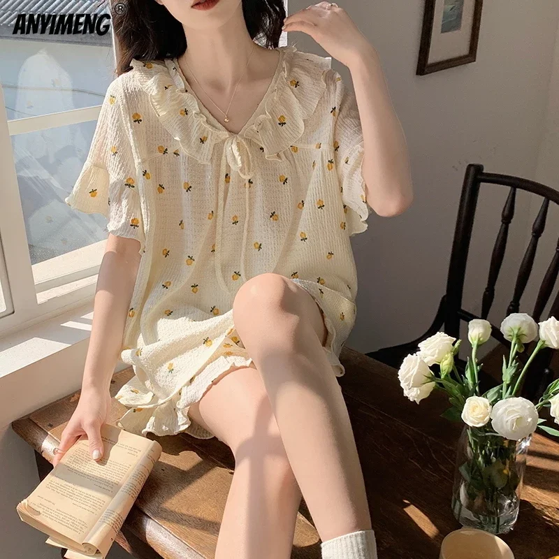 Princess Style Navy Lapel Summer Women Pijamas Crew Neck Knitted Cotton Girl Sleepwear Woman Pajamas Set Chic Short Dressing