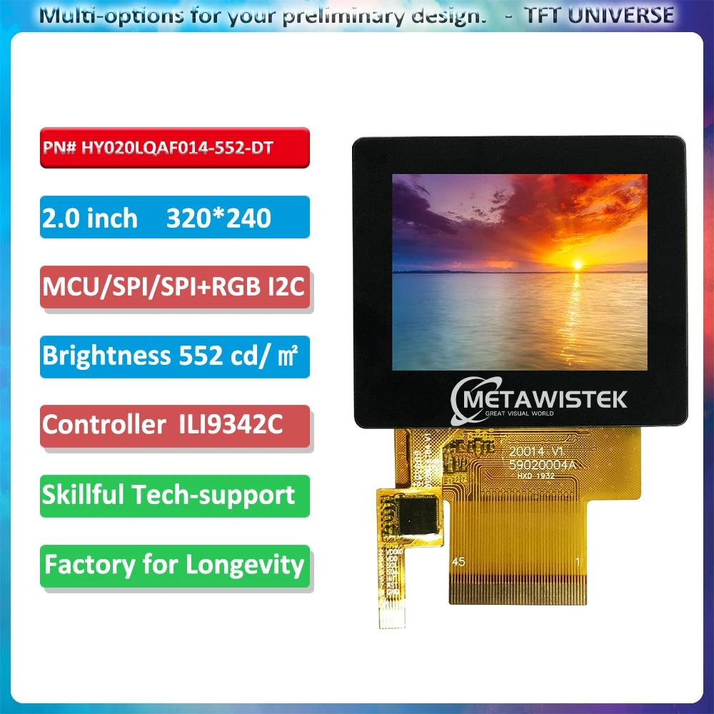 

2inch 320x240 in landscape Cpacitive touch display with MCU/SPI/RGB 600cd brightness all viewing angle screen ILI9342 controller