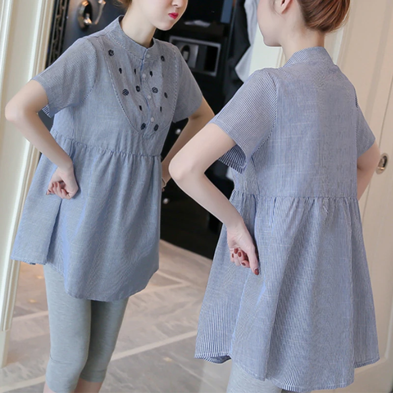 Maternity Woman Summer Long Loose Stripe Shirts Fashion Stripe Embroidery O-Neck Cotton And Linen Blouse Pregnant Woman Clothes 4