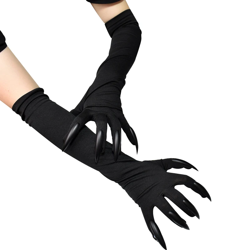 Women Black Spandex Halloween Cosplay Fashionable Personality Stretch Ghost Claw Long Nail Gloves Stage Performance Accessories