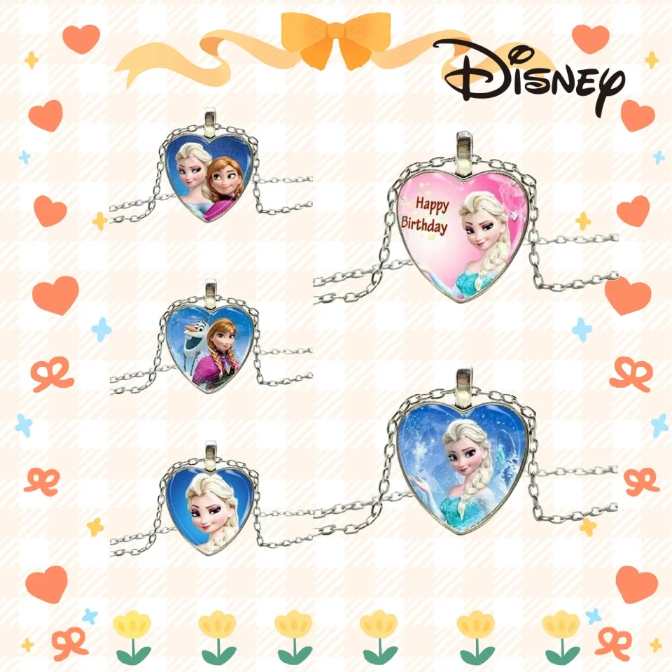 

Disney Princess Elsa Necklace Action Anime Figures ElsaPrincess Necklace Cartoon Time Gemstone Peach Heart Pendant Ornament Gift