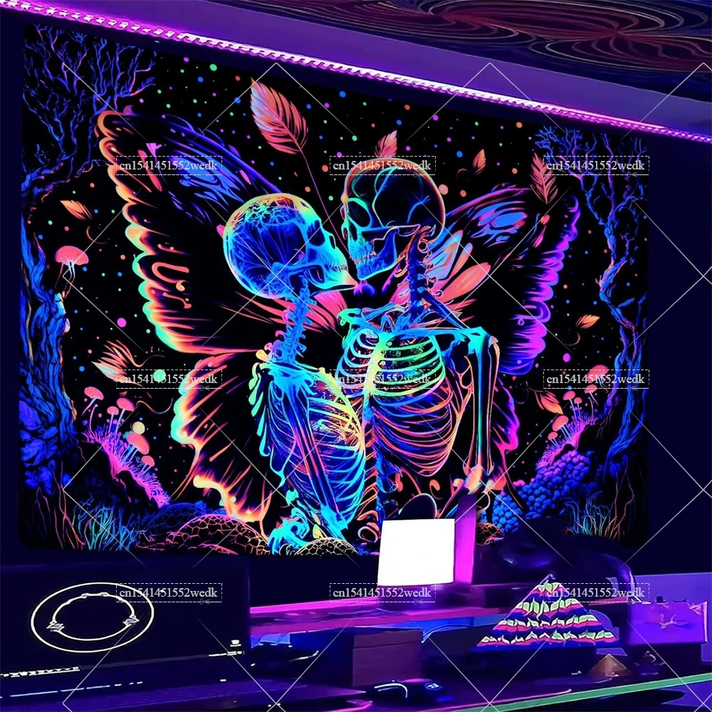 Tapestry Decorations Blacklight Skull Butterfly Tapestry UV Reactive Mushroom Tapestries Kissing Lovers Skeleton Tapestry Neon Glow In The Dark