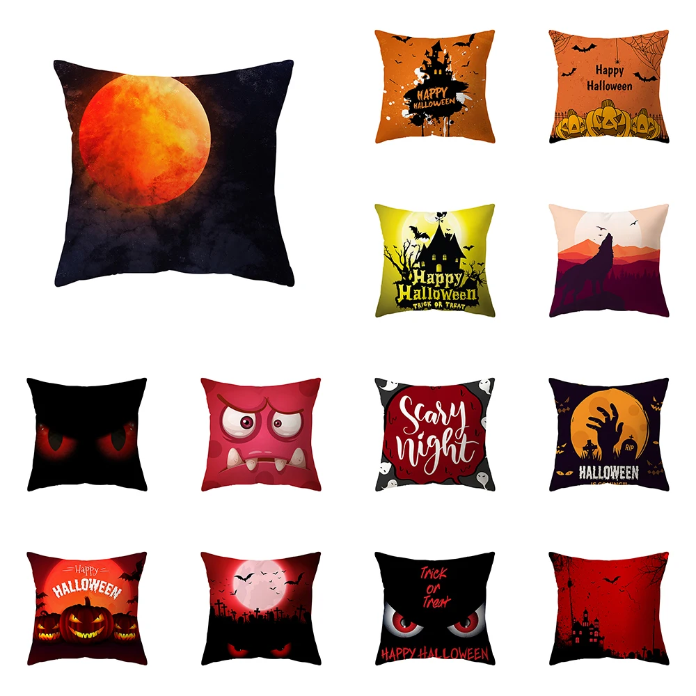 

Scary Halloween Theme Pumpkin Bat Black Cat Print Pattern Cushion Cover Home Decor Sofa Throw Pillow