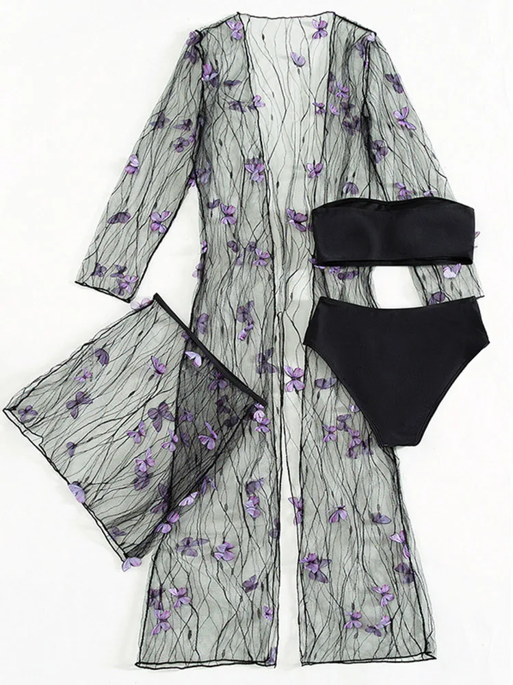 bandeau bikini set Sexy Mesh Butterfly Solid Color Four Piece Swimwear New Strapless Bikini Set +Perspective Long Sleeve Cover Up  And Skirts Suit purple bikini set