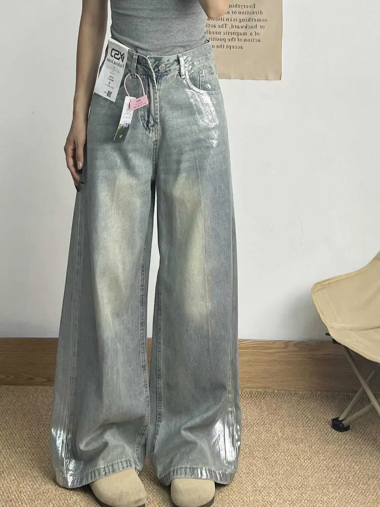 Grey Jeans Women 90s Vintage Personality High Waisted Straight Trouser Streetwear Casual Loose Girl Wide Leg Classic Denim Pants 3