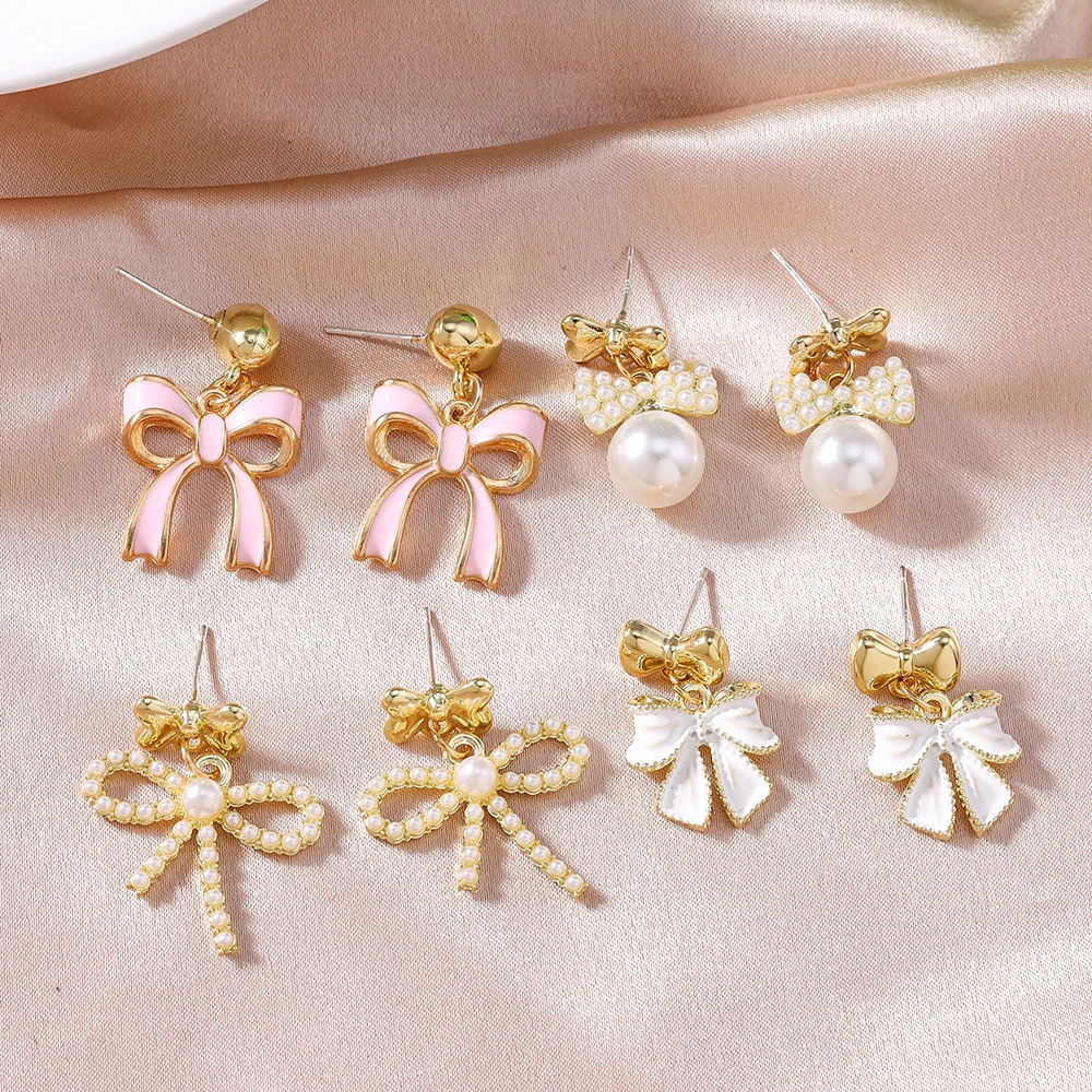 Aihua Elegante Luxus-Ohrringe mit rosa Schleife für Damen, temperamentvolle Perlen-Hängeohrringe, für Mädchen, Party, Hochzeit, Schmuck, Geschenke – Detail 1