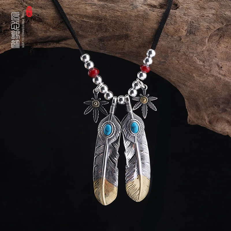 

S925 Silver Feather Necklace Men's Vintage Maple Leaf Pinestone Leather Rope Ball Pendant Women's Versatile Sweater Chain