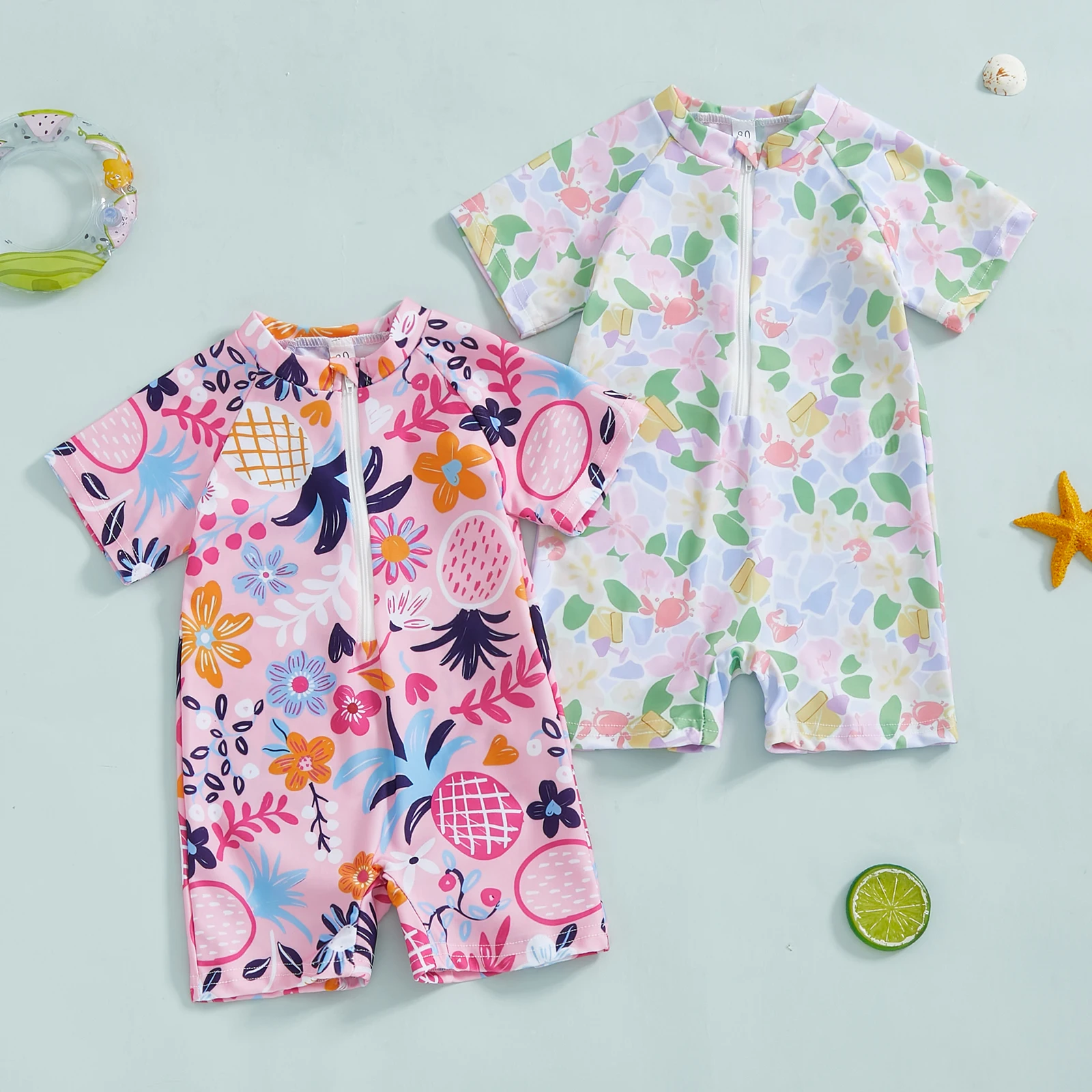 Toddler Shark Print Swimsuit Summer Baby Boy Girl Zip Up Rash Guard Short Sleeve Mock Neck Swimwear Infant Bathing Suit