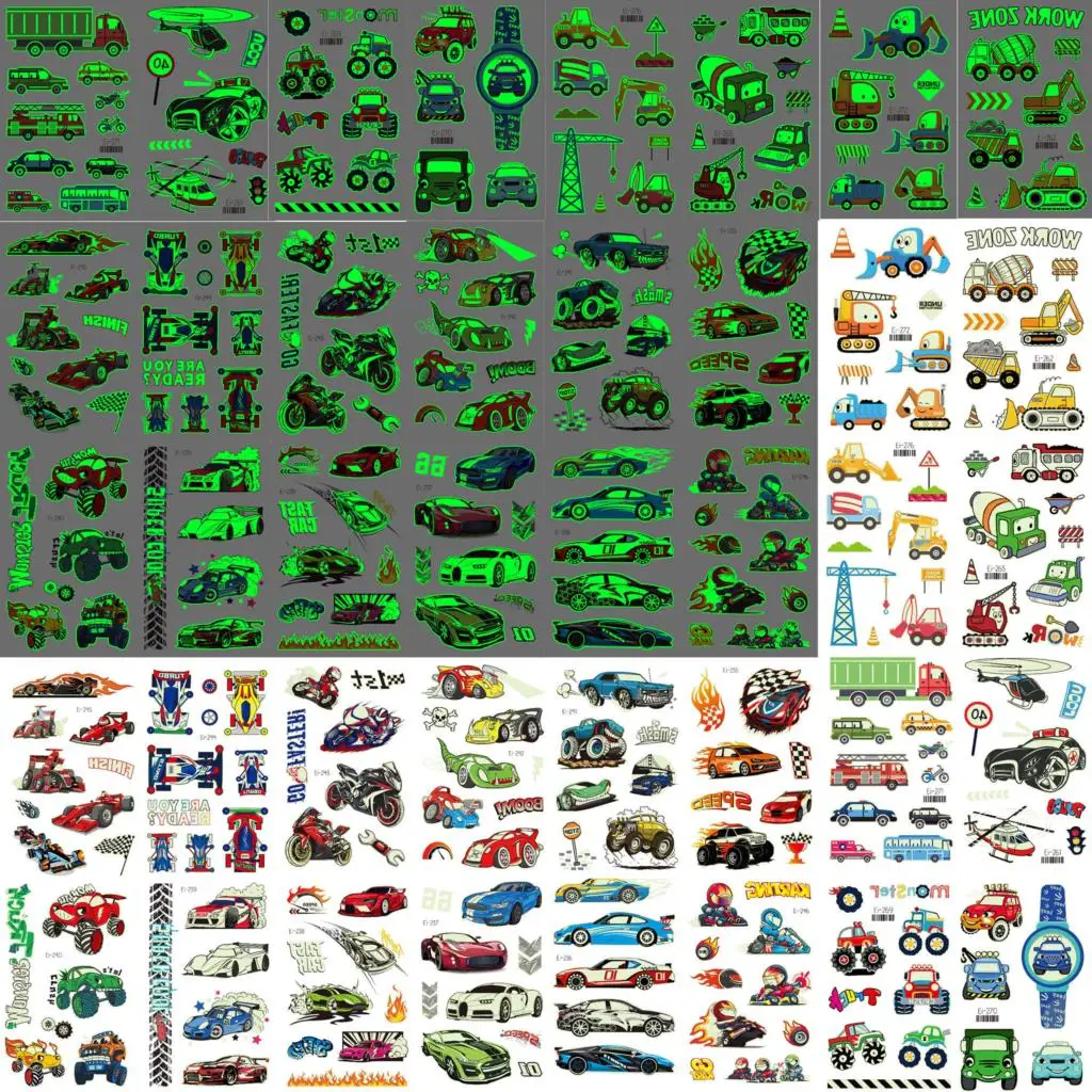

Glow In Dark Traffic Temporary Tattoos For Boys Luminous Racing Sports Car Fake Tattoo Stickers Teens Body Arm Tatoos Waterproof
