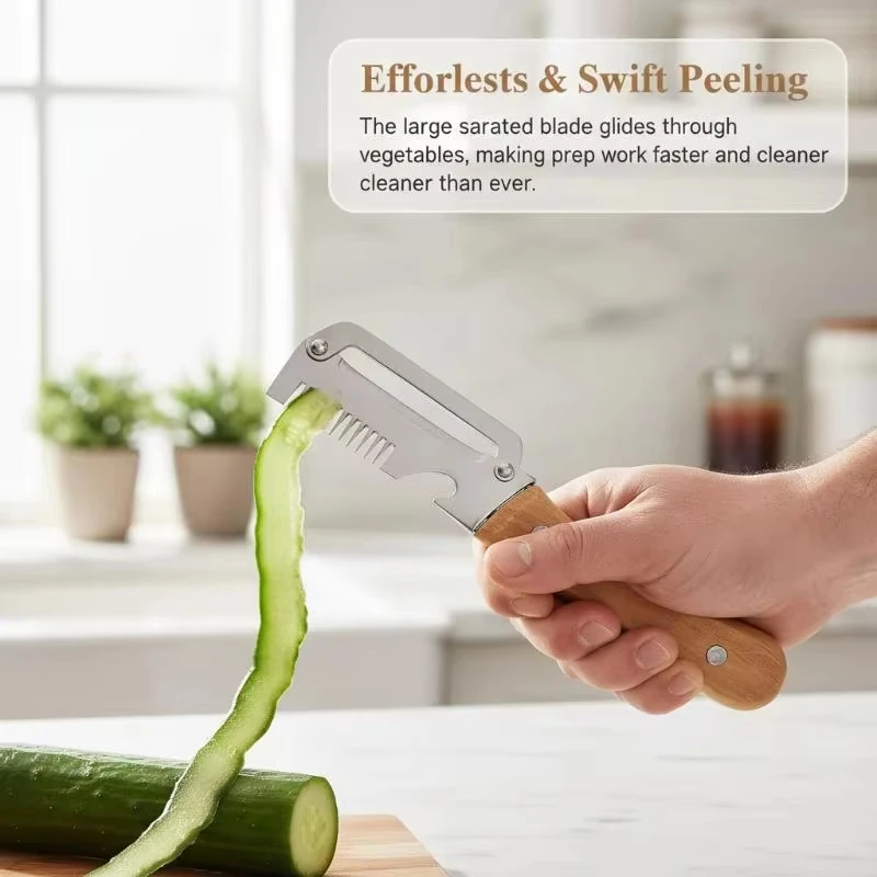 2-in-1 Stainless Steel Peeler Multi-Functional Serrated Vegetable Slicer Fruit Peeling Slicing Wooden Handle New Kitchen Knife 3