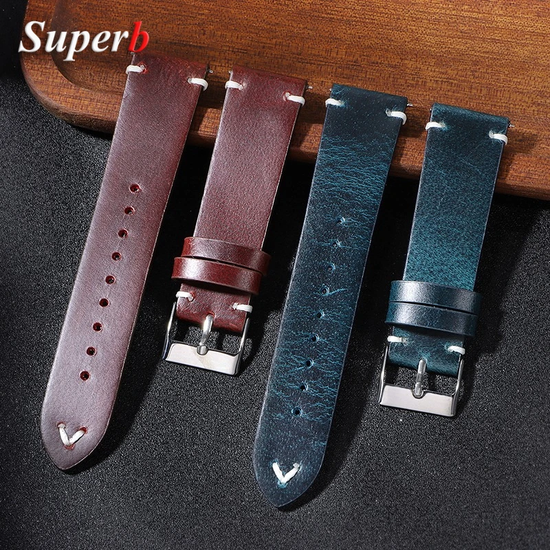 Handmade Retro Oil Wax Genuine Leather Watch Strap - Quick Release Calfskin