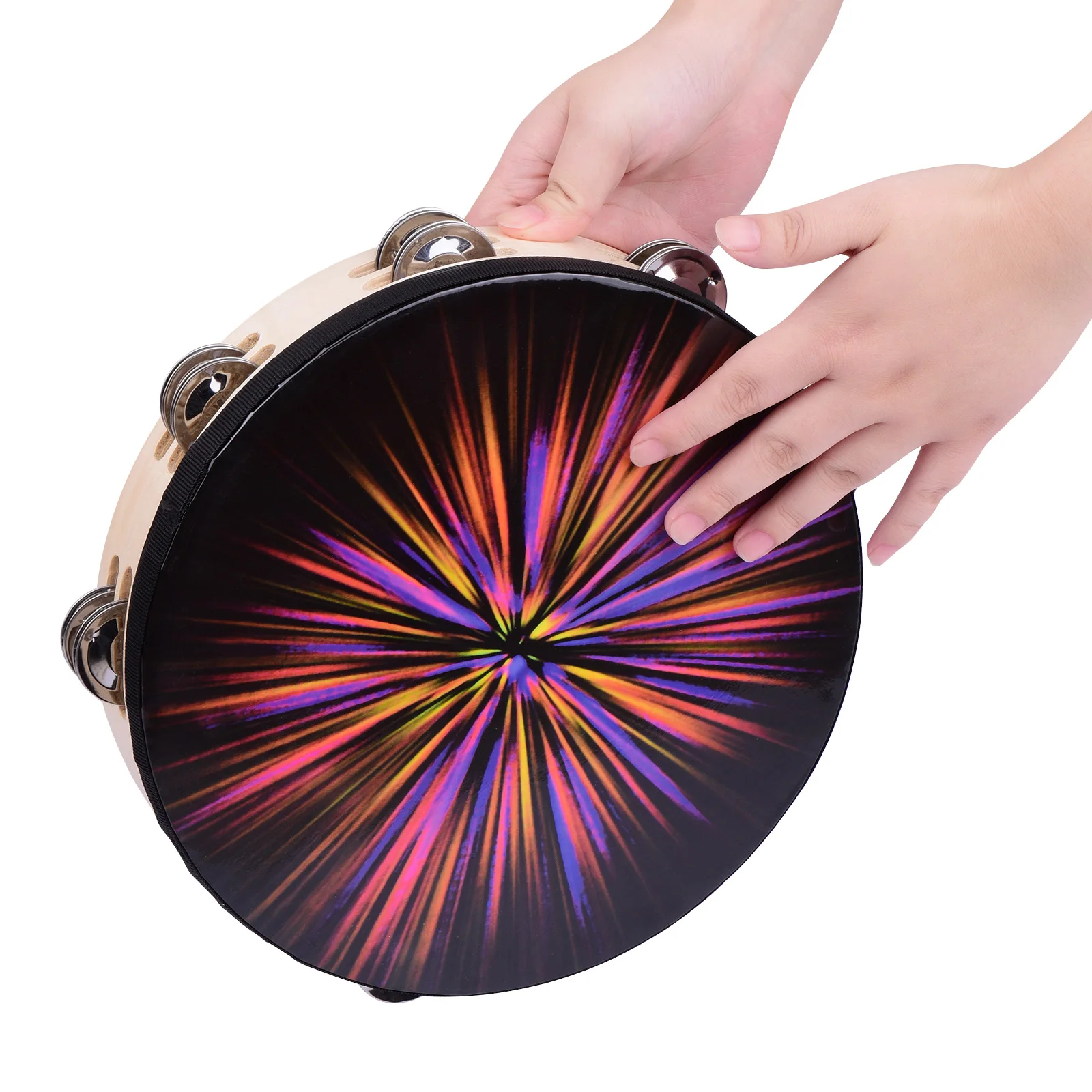 10 Inch Wooden Rdiant Tambourine Handbell Hand Drum with Double Row Jingles Reflective Drum Head Percussion Instrument Kids Toy
