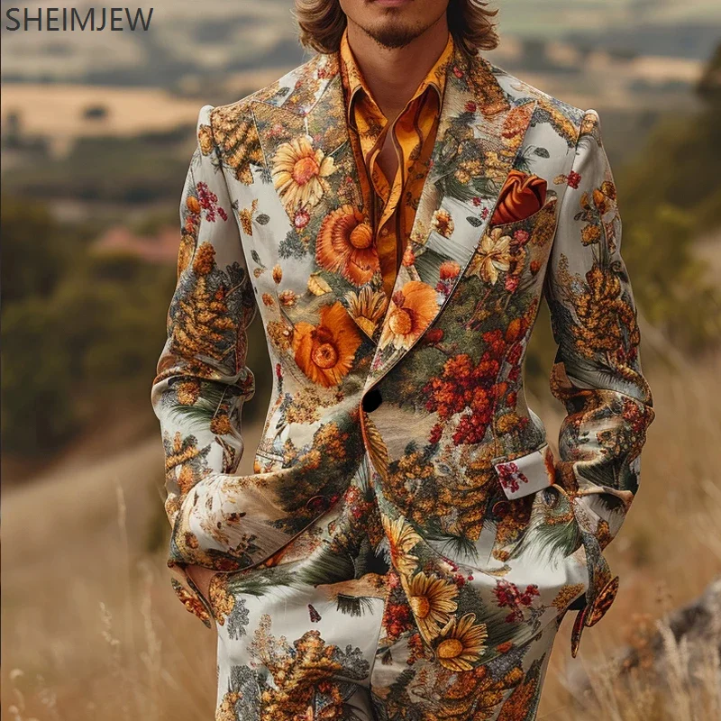 Men Colorful Landscape Print Suit Jacket & Pant Men Luxury Wedding Prom Party Dress Festival Sets Business Casual Banquet Suits