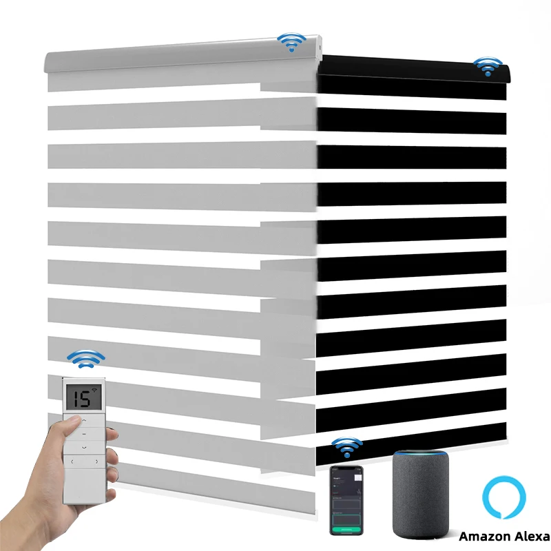 Motorized Window Blinds Smart Zebra Roller Blinds Light Filtering Shades Battery Powered Electric