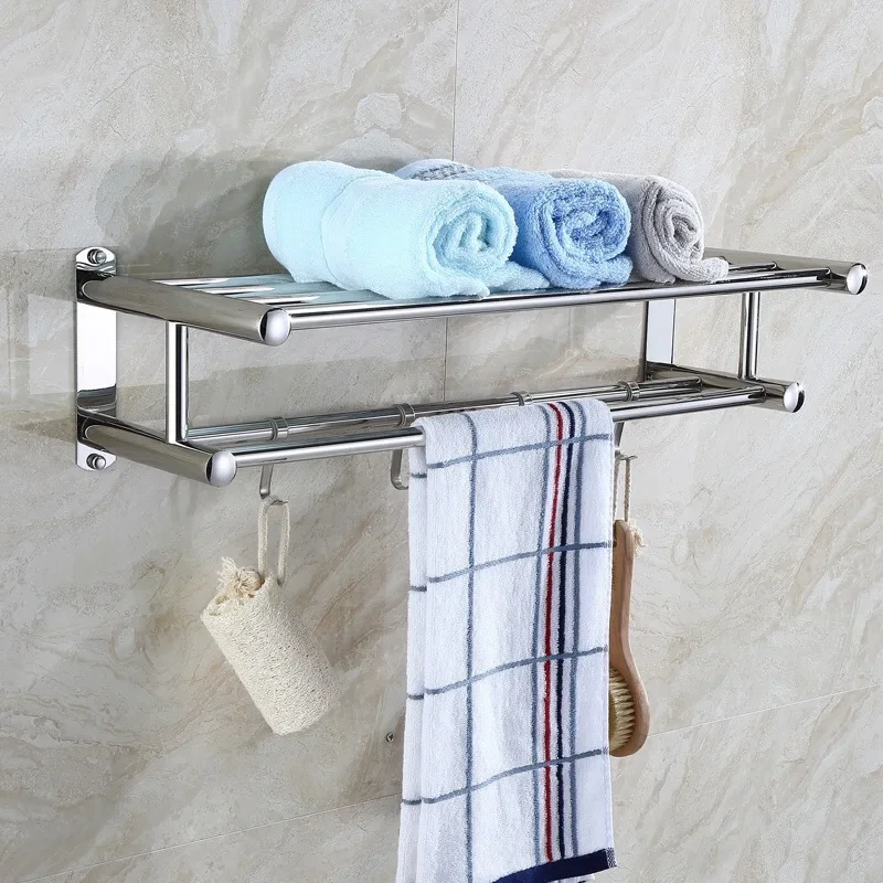 Thickened stainless steel non-punching bath towel rack, bathroom towel rack, toilet wall-mounted storage rack