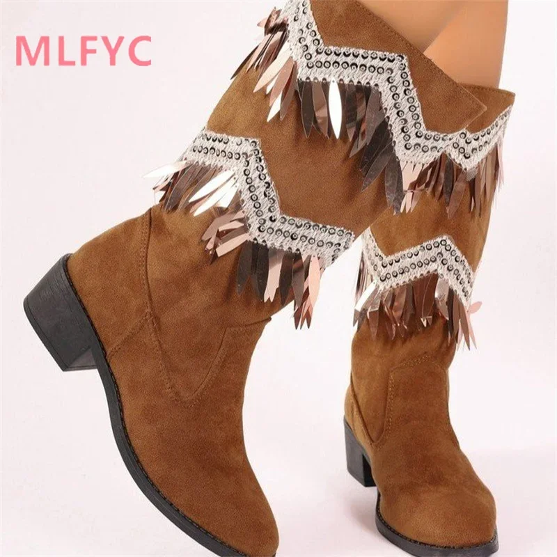 Women's Foreign Trade Winter New European American Beaded Tassels Western Boots Pointed Thick Heel Long Sleeve Women's Boots