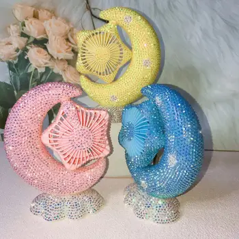 Sparkle Moon-스타 휴대용 충전식 다기능 미니 선풍기, USB 야외 캠핑 Led 조명 라인석 데스크톱 선풍기