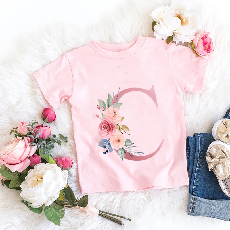 Pink New Flower Letter A B C D Children T-shirt Kawaii T Shirt Anime Cartoons Casual Clothes Kid Girl Boy Short Sleeve Top Tee 4