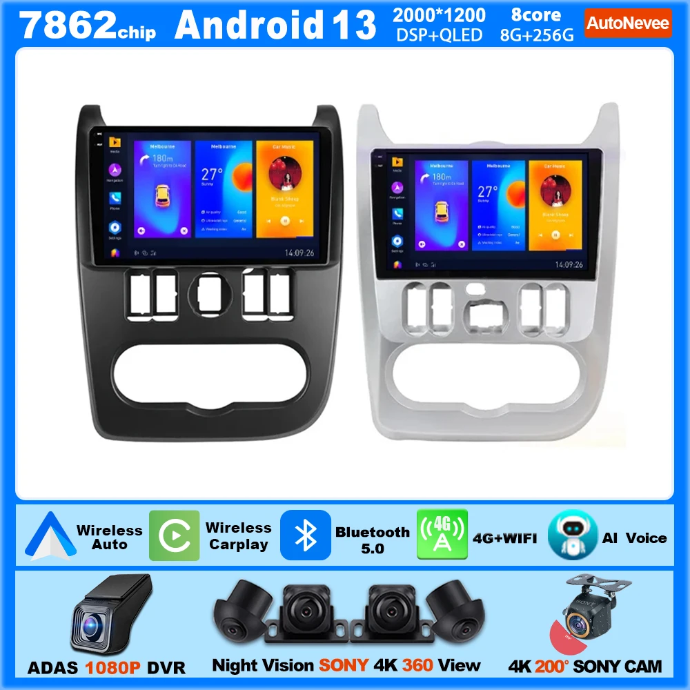 Autoradio Android 15 Pour Renault Logan/Sandero 2009-2015 - Écran Tactile 9 Pouces - 4Go RAM + 128Go - CarPlay/Android Auto Sans Fil - GPS, WiFi, Bluetooth 5.0