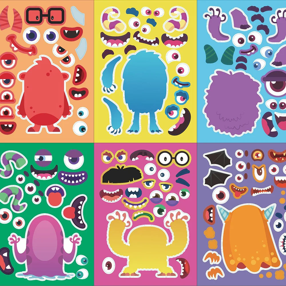 6/12Sheets Kids Make a Face Stickers Puzzle Halloween Monster Cartoon DIY Decals Waterproof PVC Cute Educational Sticker Toys
