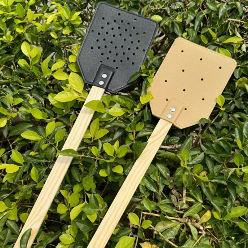 Wooden Stick Handle Mosquito Swatter Manual Fly Swatter PU Leather Mosquito