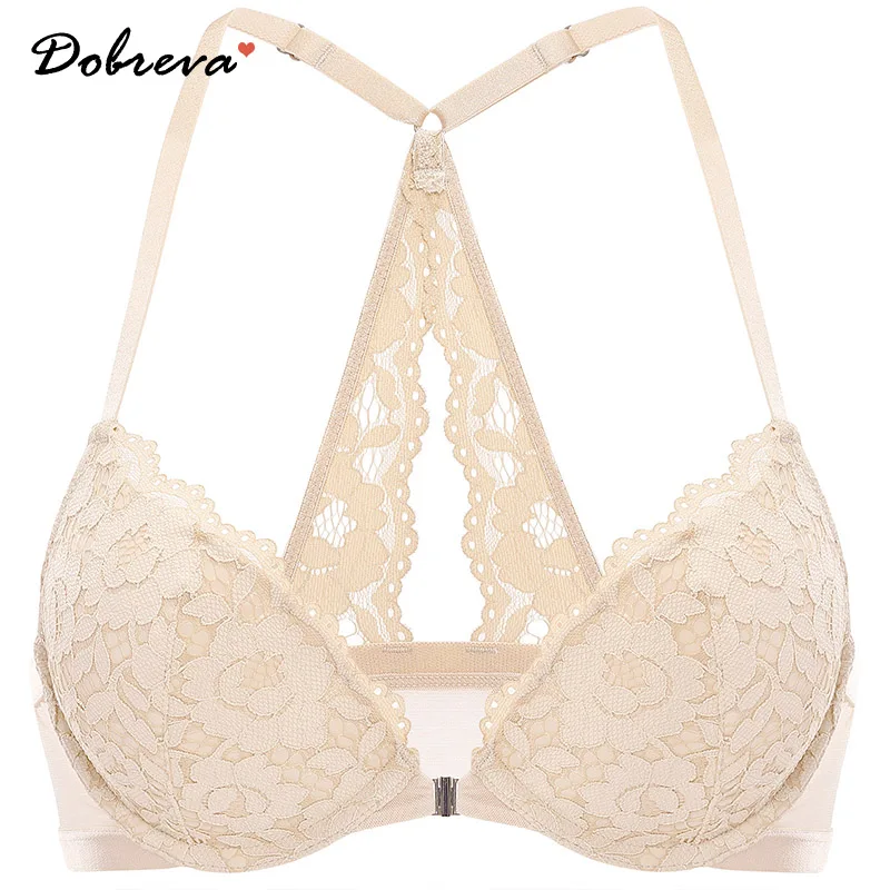 DOBREVA Women's Push Up Bra Racerback Front Closure Bras Lace Padded Underwire Plunge Floral Bralette