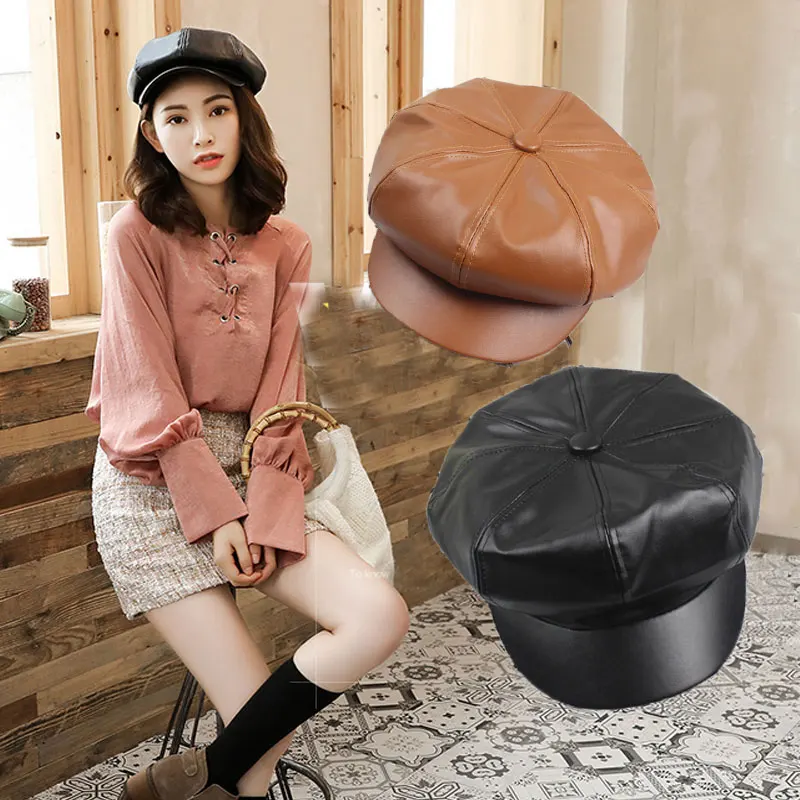 Béret en PU pour femmes et filles, casquette rétro, couleur unie, dôme octogonal, hiver, automne, France, bérets réglables en Faux cuir pour_voghion.com