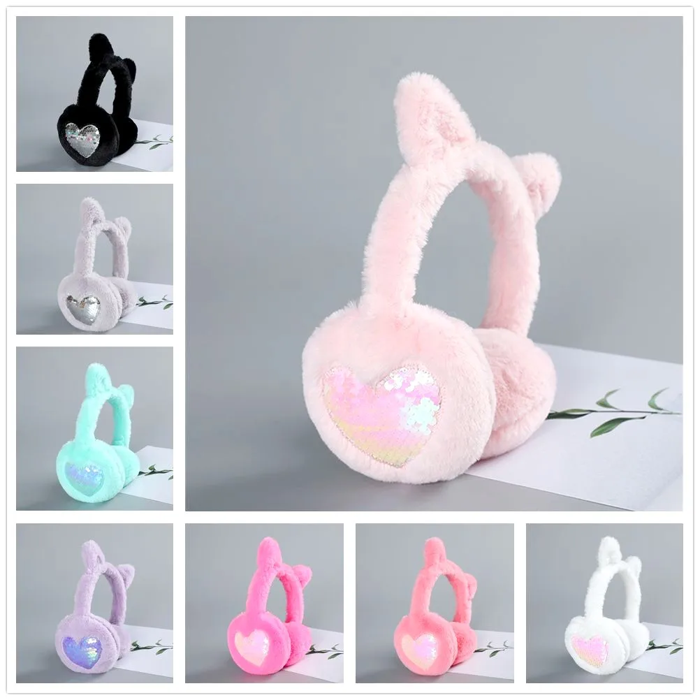 

New Cute Women Winter Warm Earmuffs Glitter Sequin Cat Ear Soft Plush Solid Color Love Earmuffs Cold Protection Warm Hot 1PCS