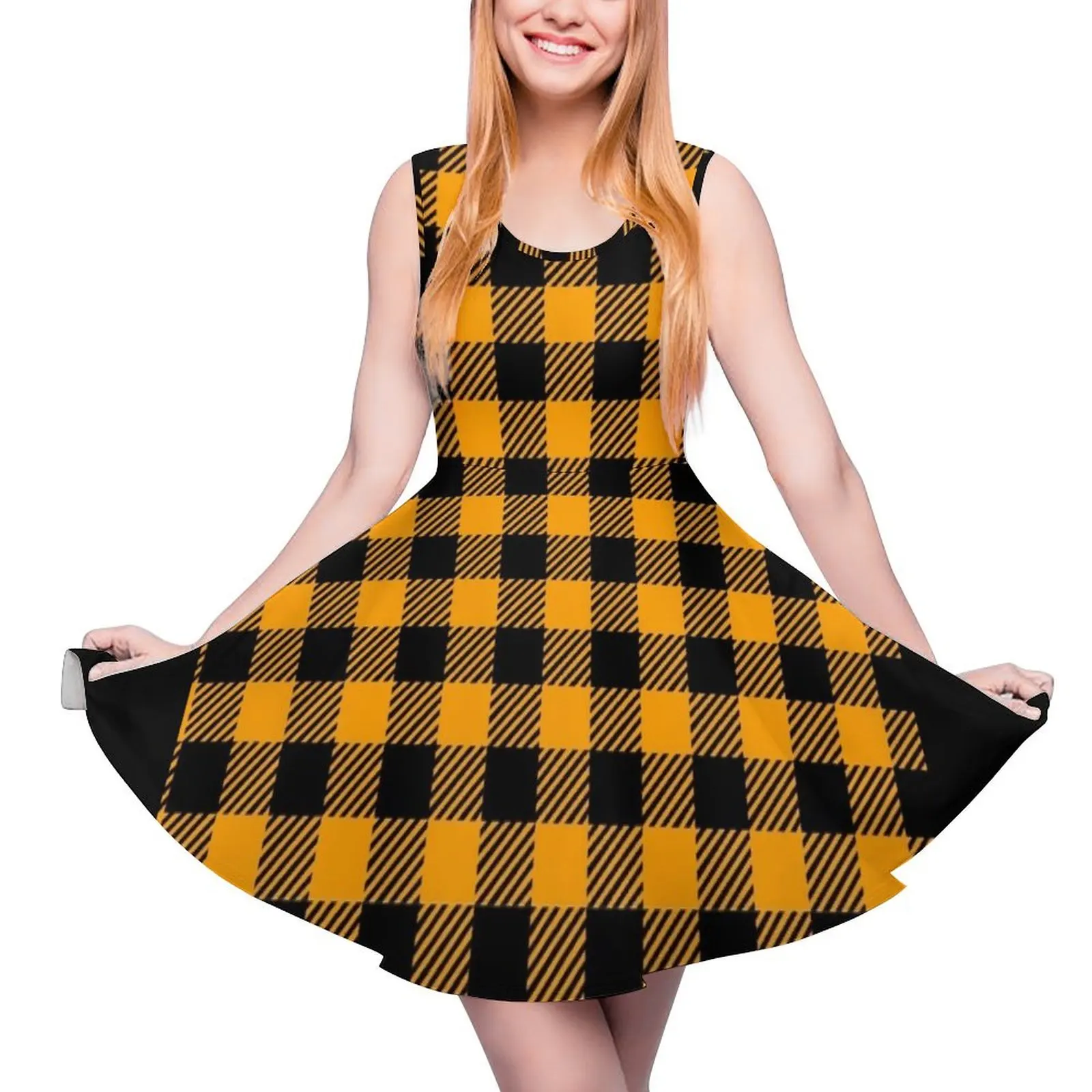 

Fall Plaid Graphic Orange Black Round Neck Dress women's clothing trend 2024 sexy dress for women summer dress woman 2024