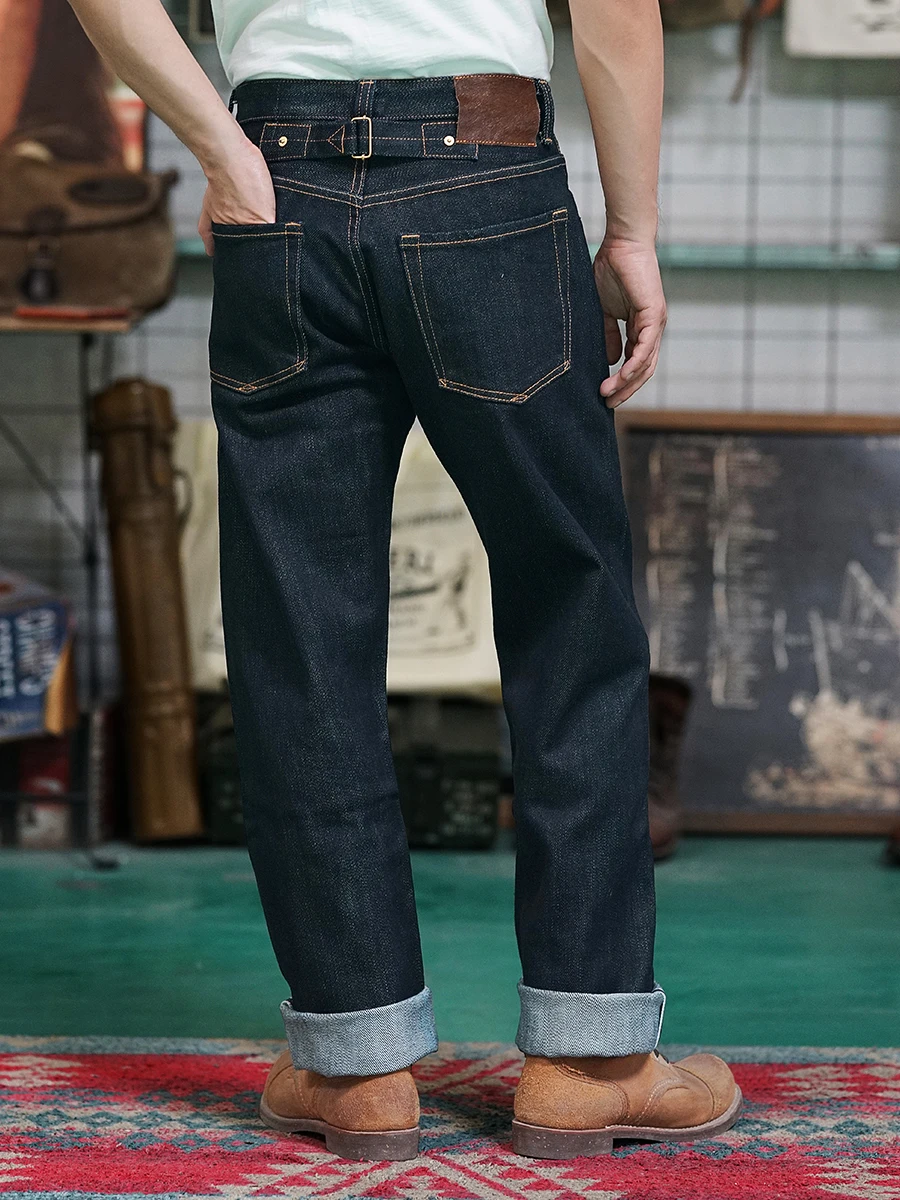 Men's Jeans Middle Waist 23OZ Thick Selvedged Denim Bukleback Straight Amekaji Cowboy Motorcycle Cargo Pants 5