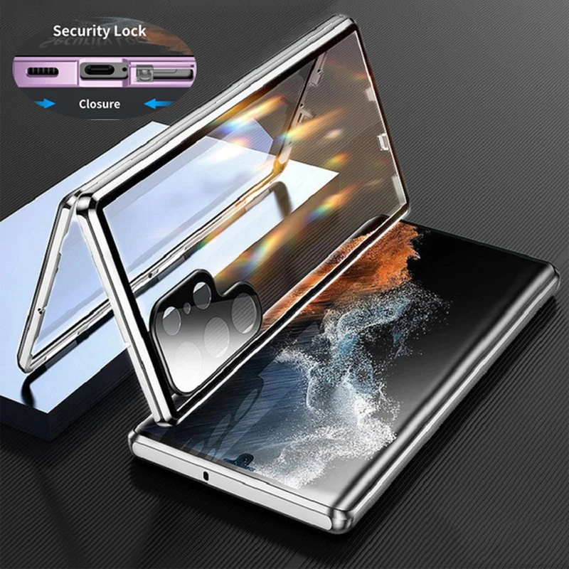 thumbnail image 1 of Funda de vidrio de doble cara de Metal con cierre a presión, protección completa 360 para Samsung Galaxy S24, S23, S22 Ultra, S23FE 23 +, cubierta de protección de lente, 1 of 5