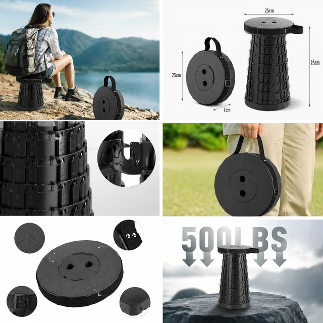 Black Rotating Telescopic Chair 360° Swivel Folding Stool Portable Gardening Chair Heavy Duty Adjustable Height Retractable Tripod Stool