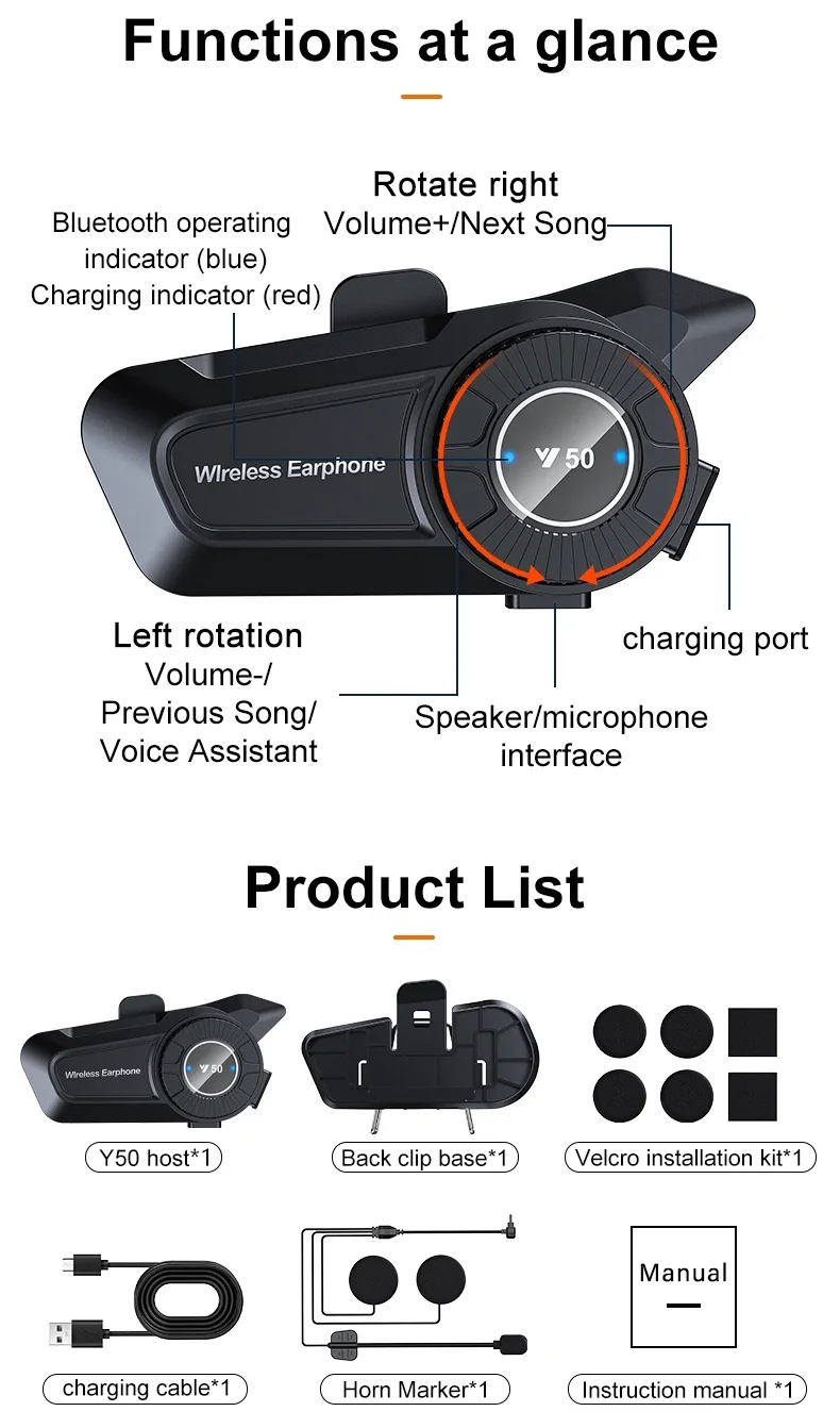 Y50 Motorcycle Helmet Bluetooth Headset Anti-Freezing Music Player Earphone IPX6