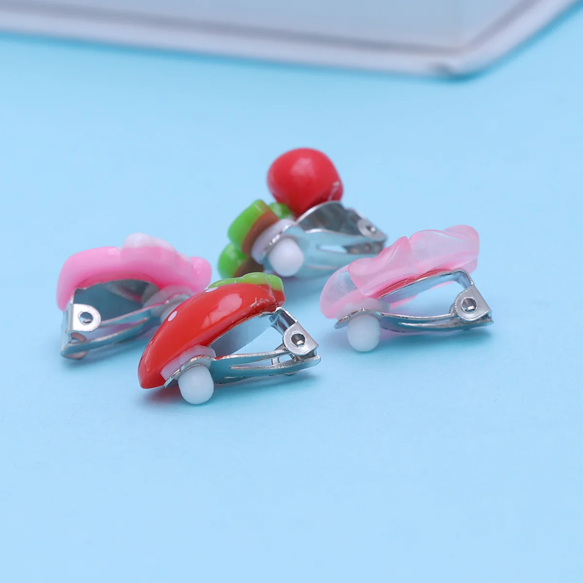 Kids Clip On Earrings Girls Ear Clip Cartoon Ear Drop Princess Accessories Strawberry Cherry Flower Ice Cream Fashion 4 Pcs ear clip earrings,clip earrings,ear clip