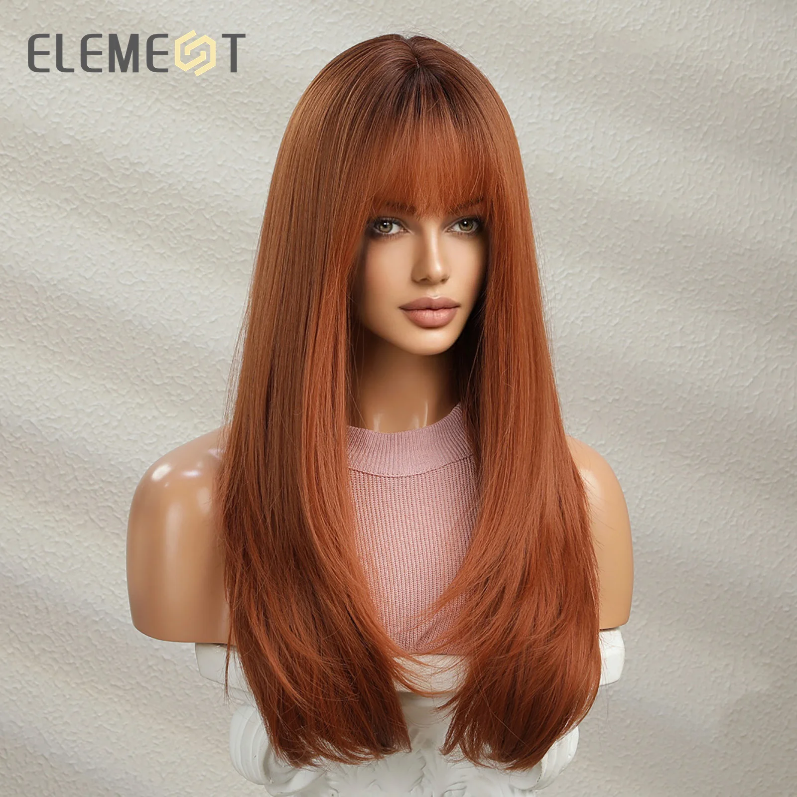 ELEMENT Synthetic Long Straight Ombre Orange Red Wigs for Women Wig Daily Party Cosplay Heat Resistant Natural Headband