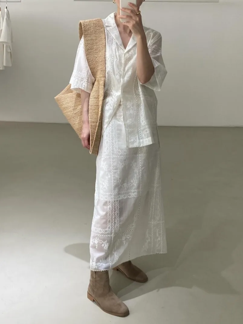 Korean Chic Versatile  Crochet Embroidered Single-Breasted Top + Retro High Waist Skirt sets