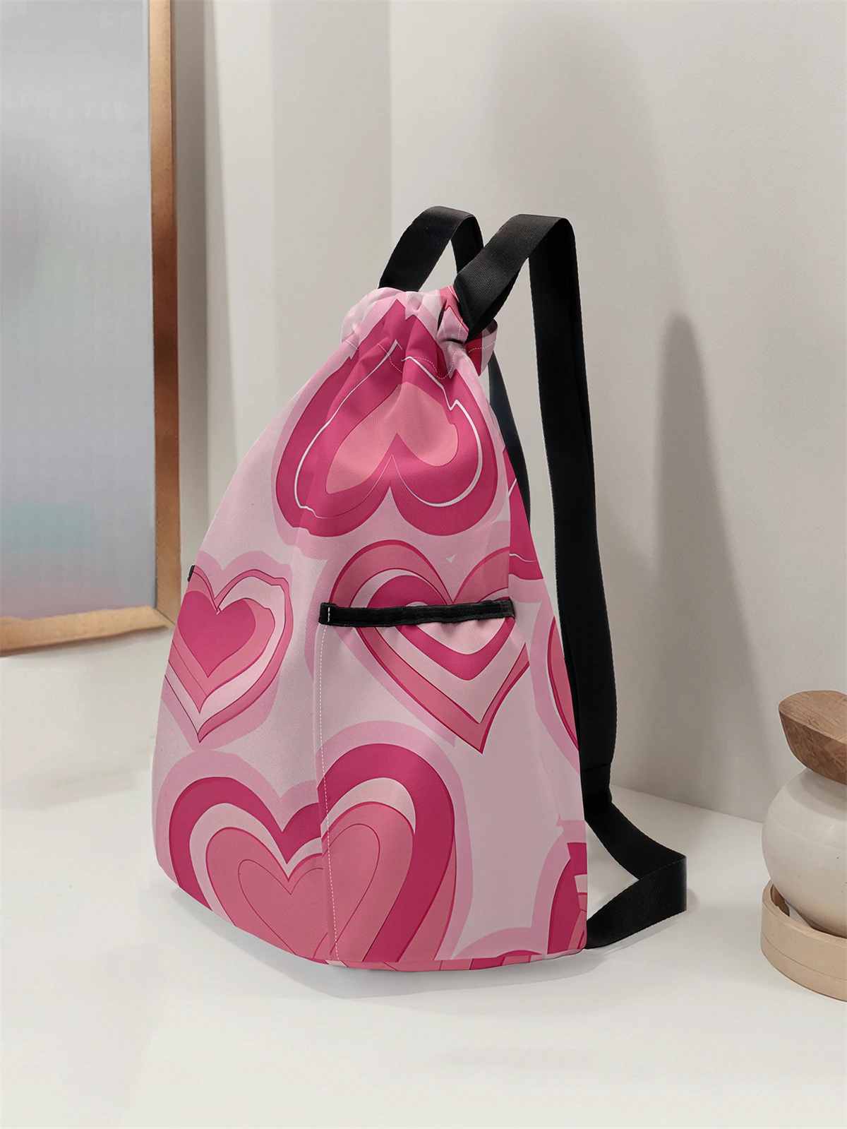 Love Pattern Drawstring Backpack - Large Capacity Durable Fitness Bag, Adjustable Shoulder Strap, Sports Beach Backpack