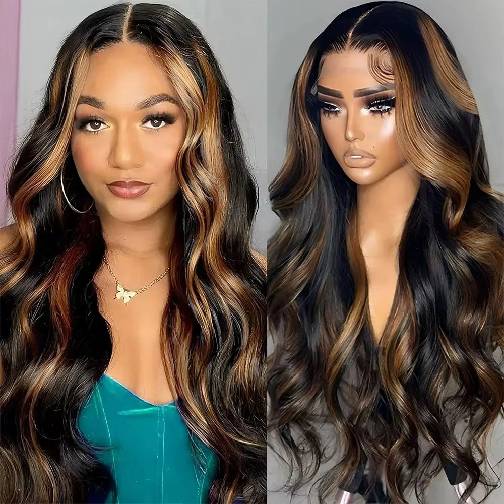 1B/30 Highlight Lace Front Wig Real Human Hair HD Transparent Lace Pre Plucked Natural Hairline Body Wave Virgin Remy Bleached Knots Glueless Design 16-38 Inch Ombre Colored Wig For Black Women Daily & Party Styling