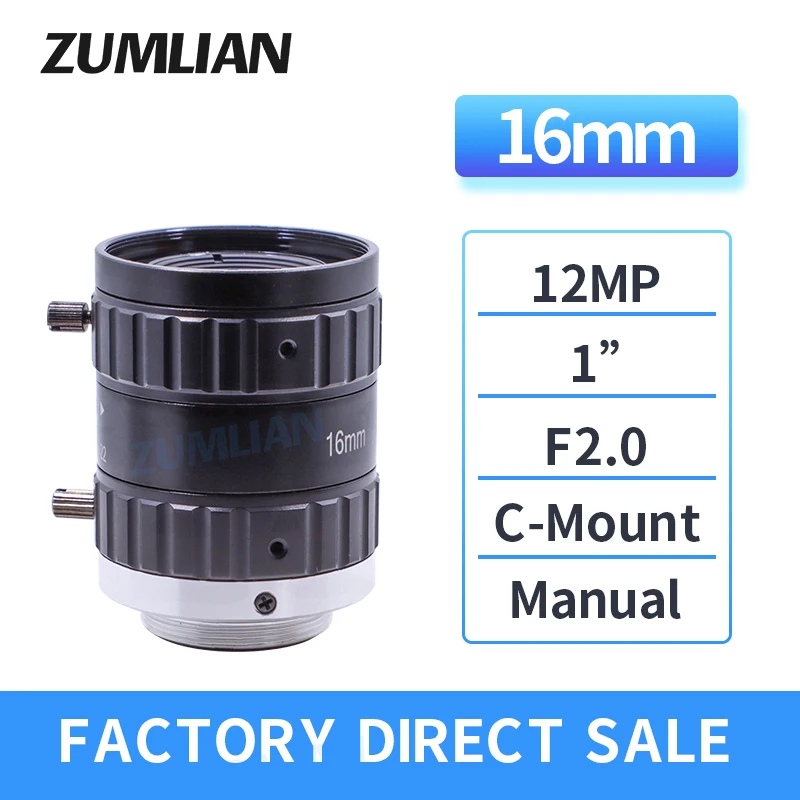 ZUMLIAN Low Distortion lens 12MP C mount 1 Inch 16mm Lens Machine Vision F2.0 Manual Focus Zoom Industrial Camera Lenses FA
