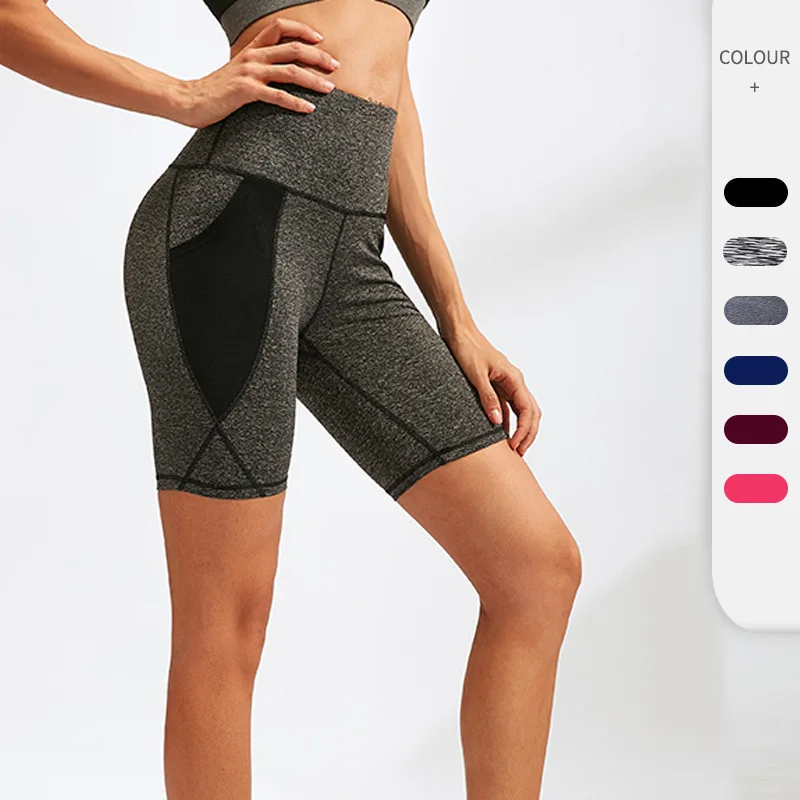 

Women's high waisted yoga pants mesh pockets Running training sports tight elastic quick drying fitness shorts
