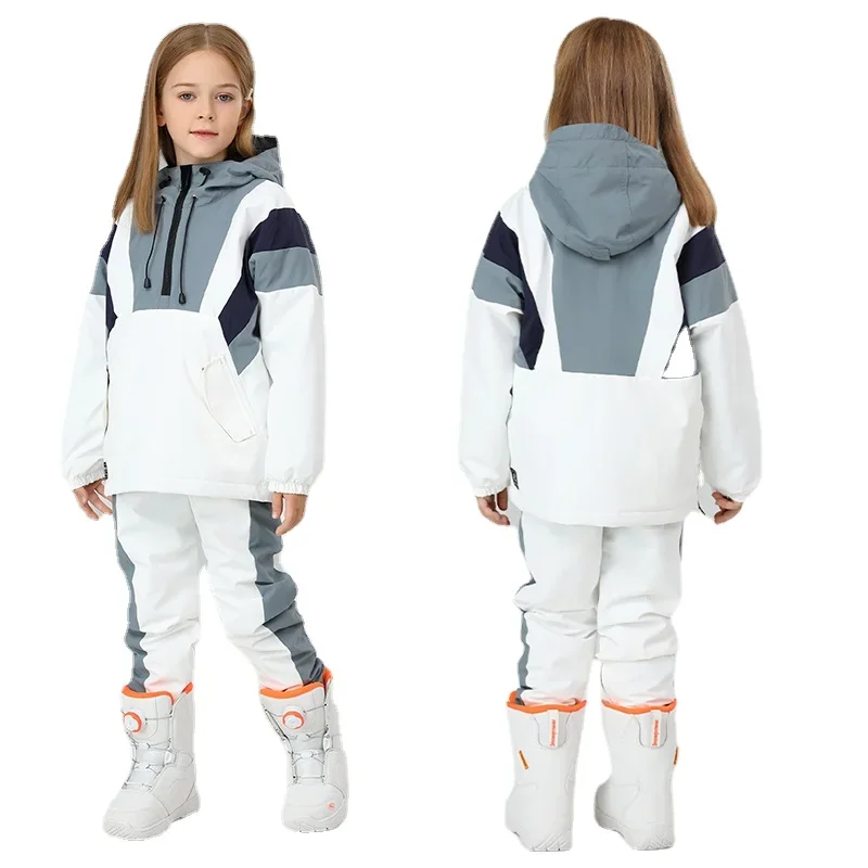 Boys Girls Skiing Suit Winter Outdoor Warm Windproof Waterproof Children Ski Hoodie Jacket+Ski Pants Suit Kids Snowboarding