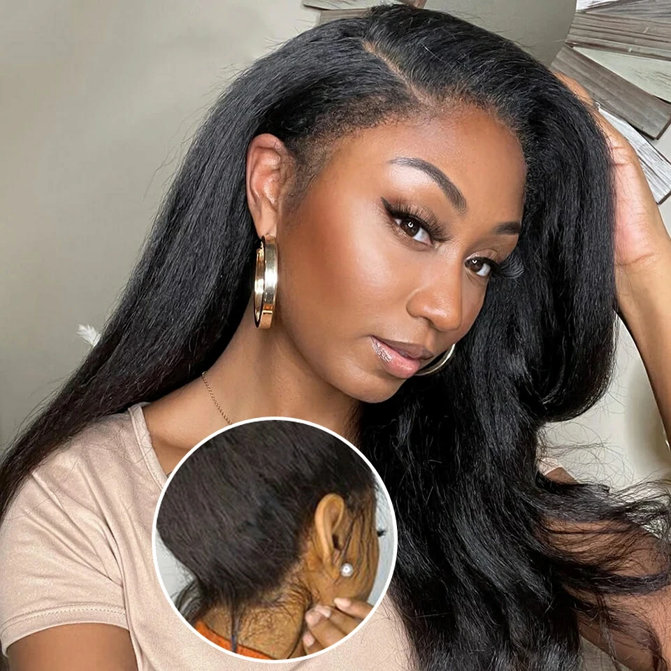 

4C Kinky Edges Wig 13x6 Lace Front Wigs With Curly Edges Hairline Yaki Straight 360 HD Transparent Lace Frontal Wigs Pre Plucked