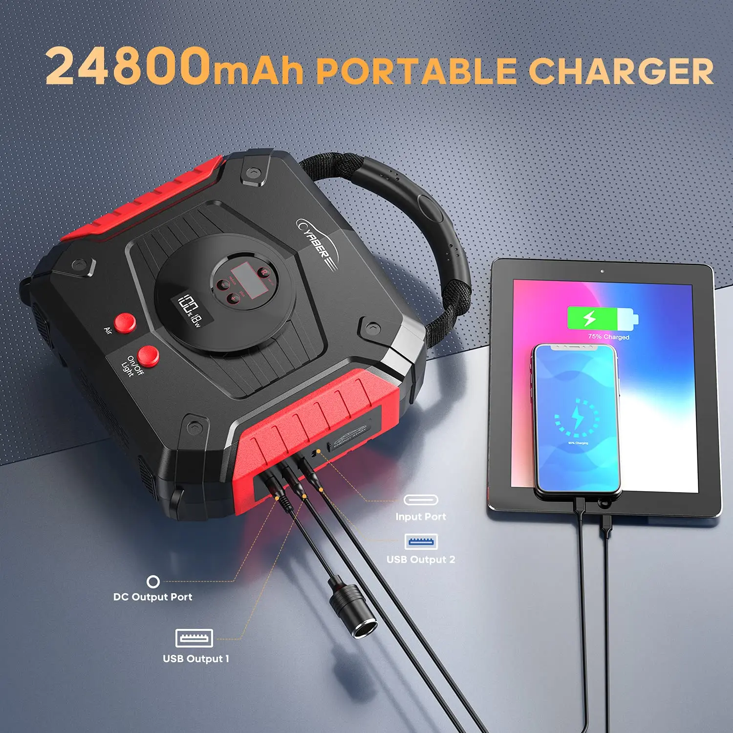 YABER Starthilfe 4 in 1 Pumpe Luft Kompressor 3000A 24800mAh Power