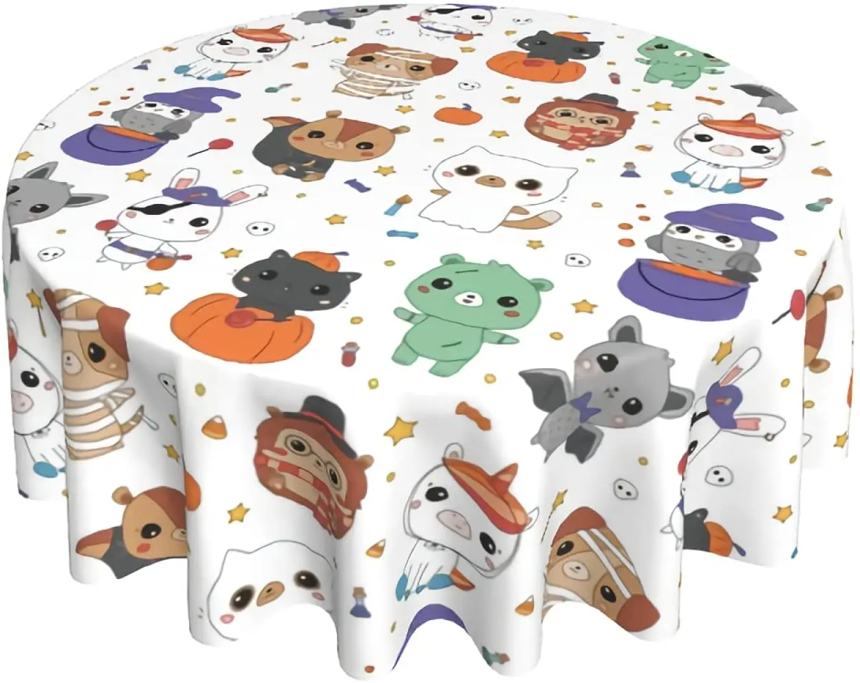 

Halloween Round Table Cloth Funny Kawaii Cartoon Animals Washable Wrinkle Stain-Resistant Table Cover Outdoor Tablecloth 60 Inch