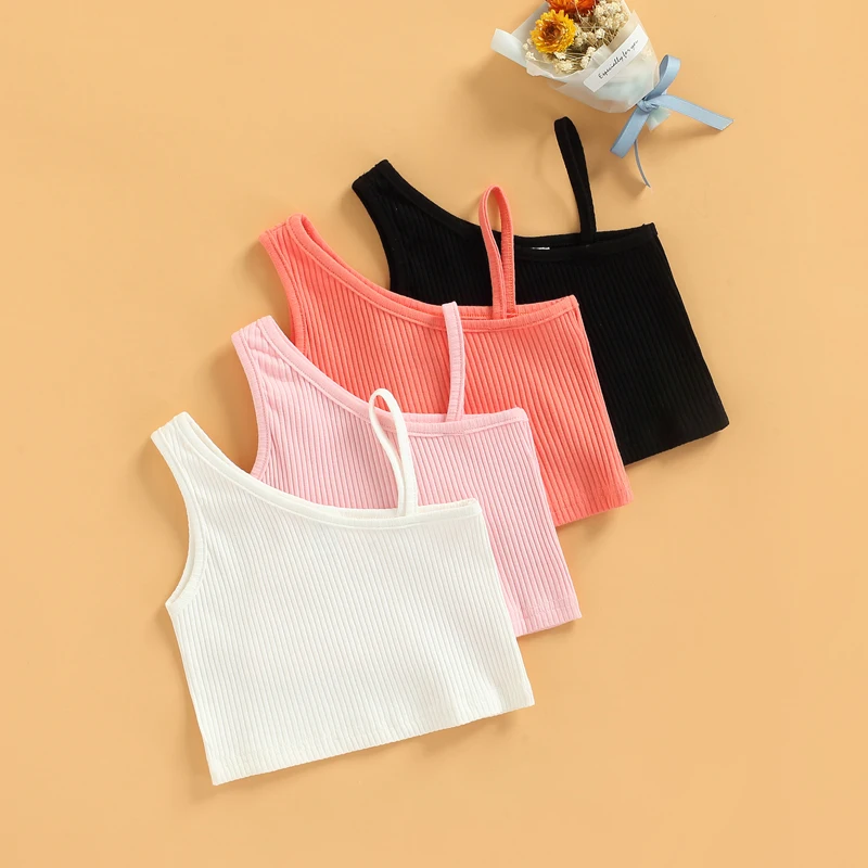 Summer Little Kids Girls Casual Tanks Tops One Shoulder Sleeveless Vest Tops for Children Clothes-girls tank tops