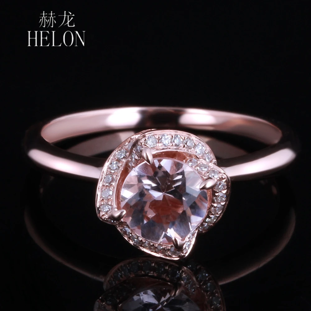 

HELON Solid 9k 14k Rose Gold Ring Flawless Round 6.5mm Genuine Morganite Diamonds Engagement Ring Women Flower Gemstone Jewelry