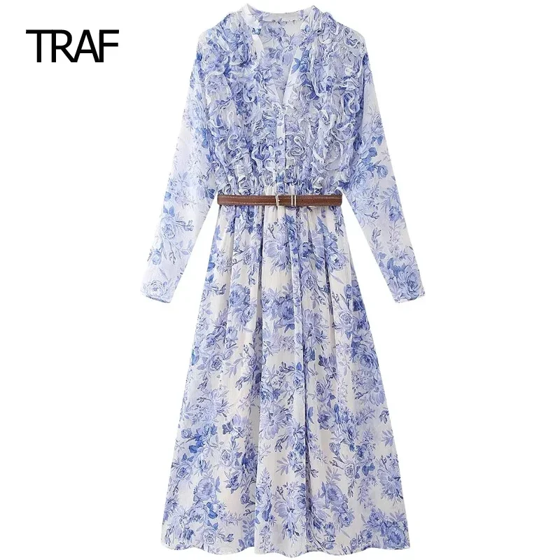 

TRAF Midi V-Neck Long Sleeves Dresses Womens Dresses Spring Summer 2024 Ruffled Print Dress With Belt Chic And Elegant Dresses