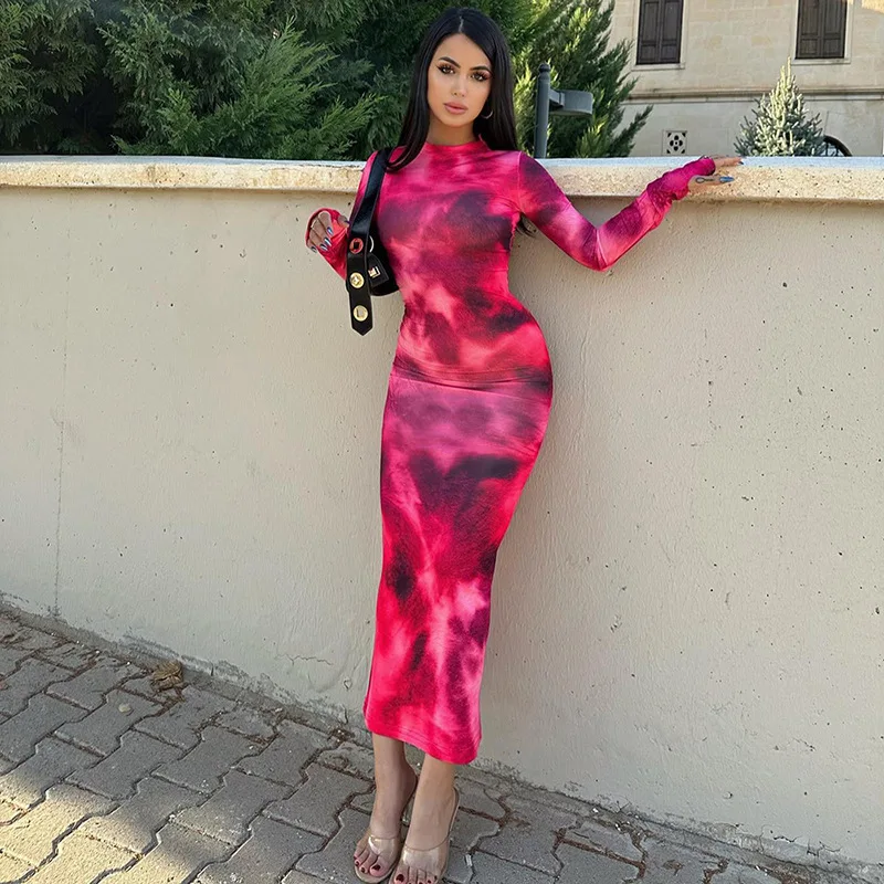 Spring and Summer New Women's Crew Neck Pullover Long-sleeved Dress Fashionable Tie-dye Tight Dress Street Spice Girl Long Dress