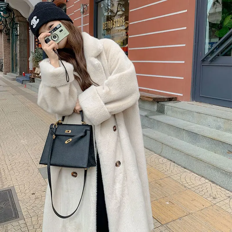 

2023 Winter Thicken Warm Long Faux Fur Overcoats Imitate Mink Plush Women Long Coats Luxury Elegant Double Breasted Furry Jacket
