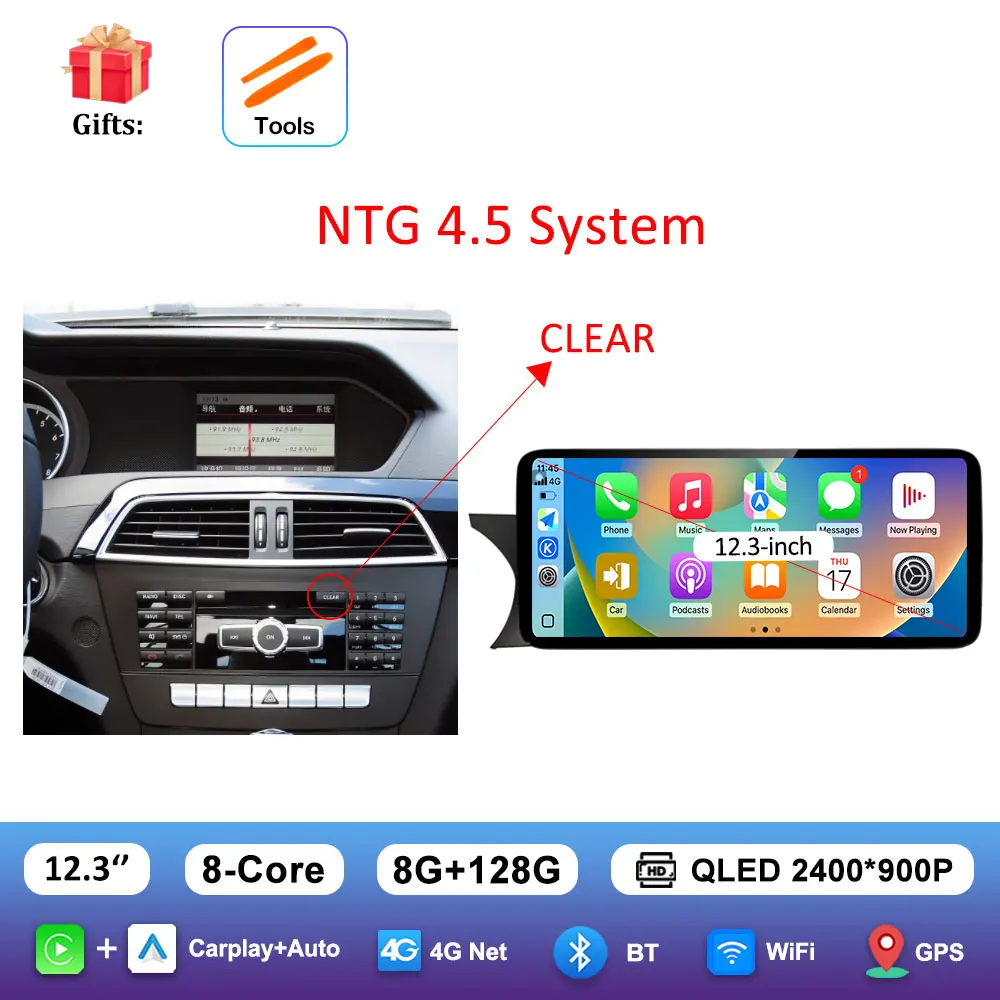 12.3" Wireless CarPlay Touch Screen For 2008-2010 Benz C-Class W204 – Ultra-Thin With Android Auto